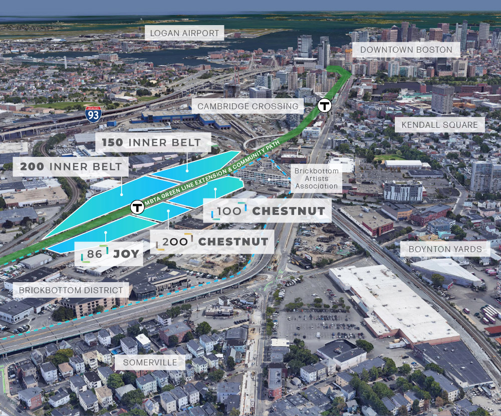 An aerial view of 100 Chestnut with labels pointing out surrounding developments, the MBTA green line, Downtown Boston, Kendall Square, Somerville and other local landmarks