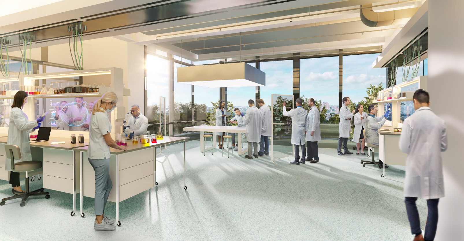A rendering of a lab at 100 Chestnut featuring large windows and open space