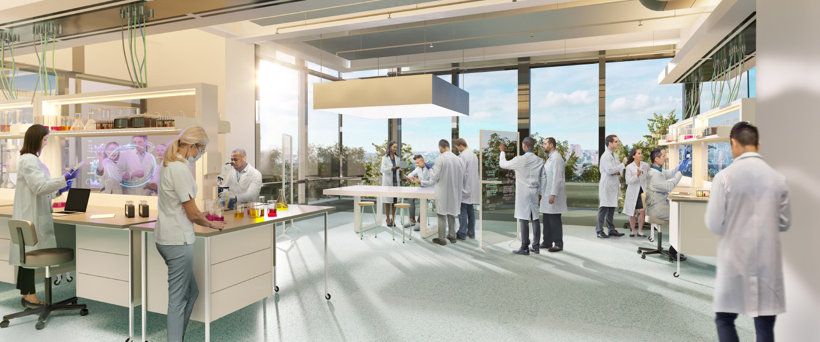 A rendering of a lab at 100 Chestnut featuring large windows and open space