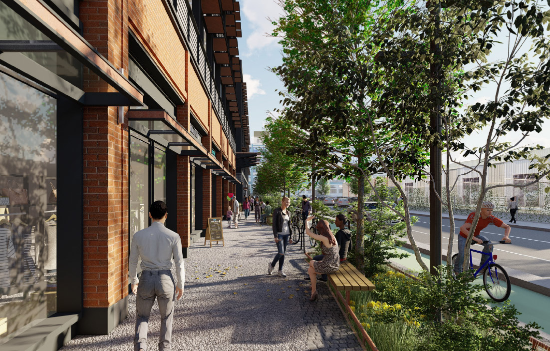 A rendering of an active, green sidewalk in front of 100 Chestnut