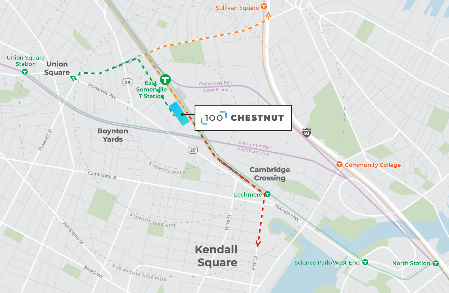 A map of the area around 100 Chesnut showing transit lines and routes to nearby MBTA stations.