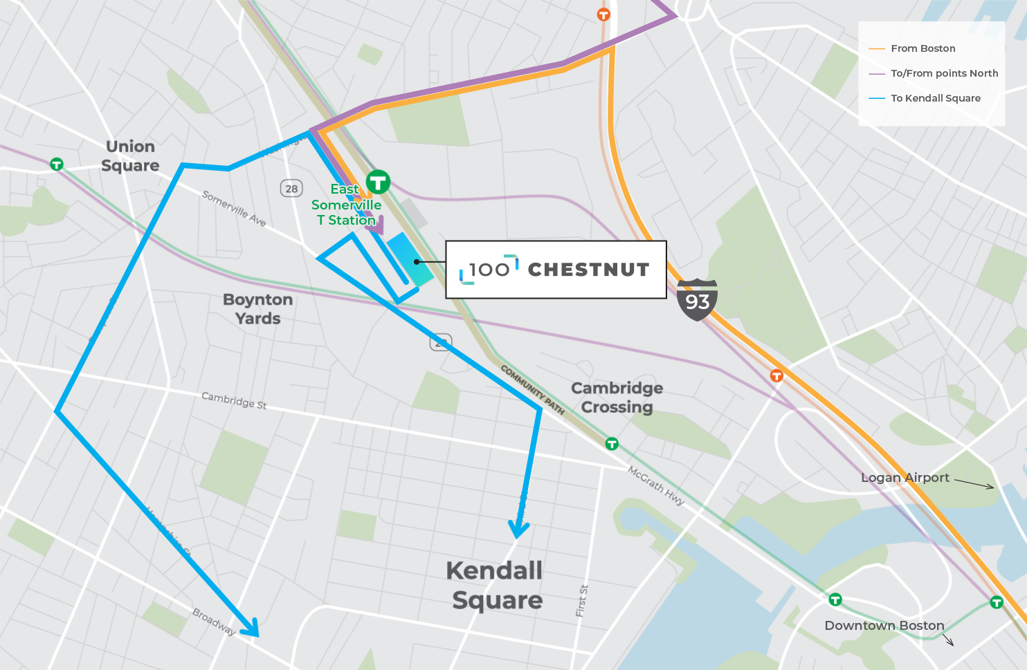 A map of the area around 100 Chesnut showing driving routes to and from Downtown Boston, Kendall Square, and points north.