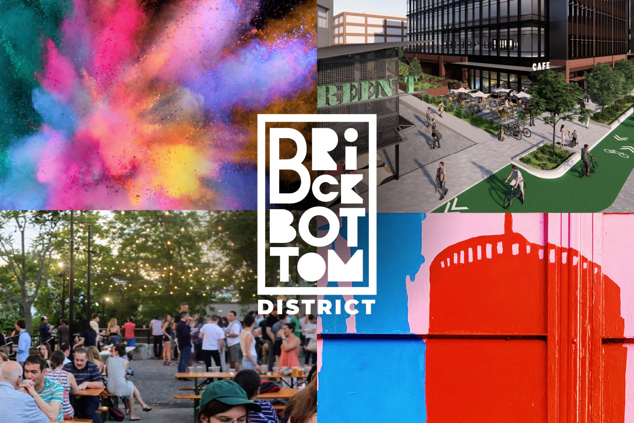 An image grid showing an explosion of color, a rendering of a green sidewalk and cafe space at 100 Chestnut, people enjoying a public outdoor event, and colorful public art. An artistically styled logo for Brickbottom District is featured in the middle.