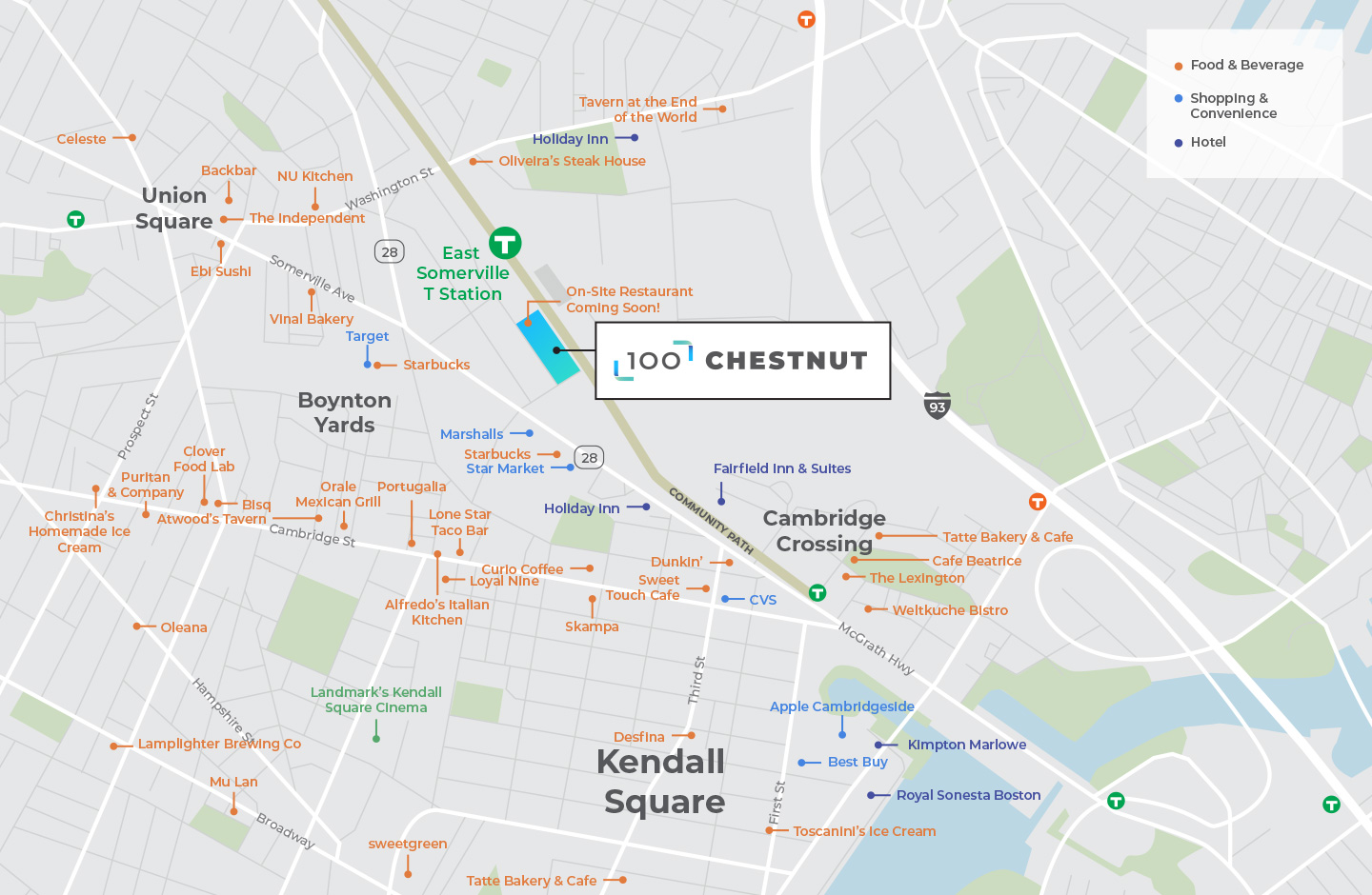A map of the area around 100 Chesnut highlighting local businesses including restaurants, cafes, stores, and hotels in Union Square, Boynton Yards, Cambridge Crossing, and Kendall Square.